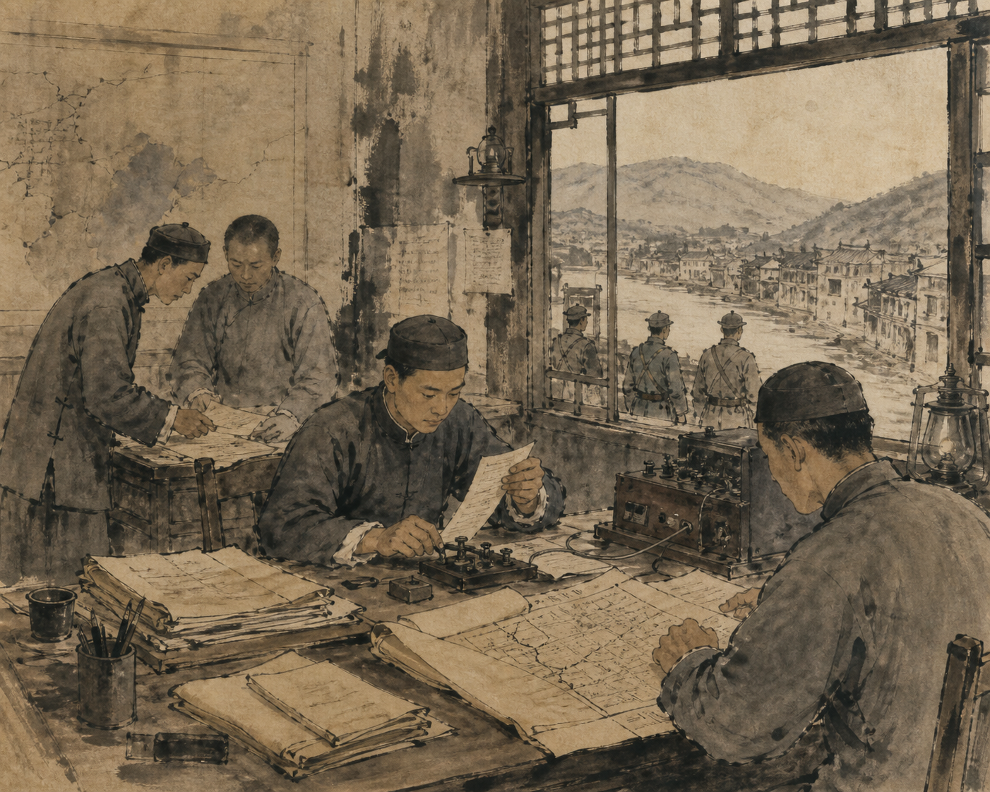 1926年电报房收到川局军事电讯，桌上摊着地图与电报纸