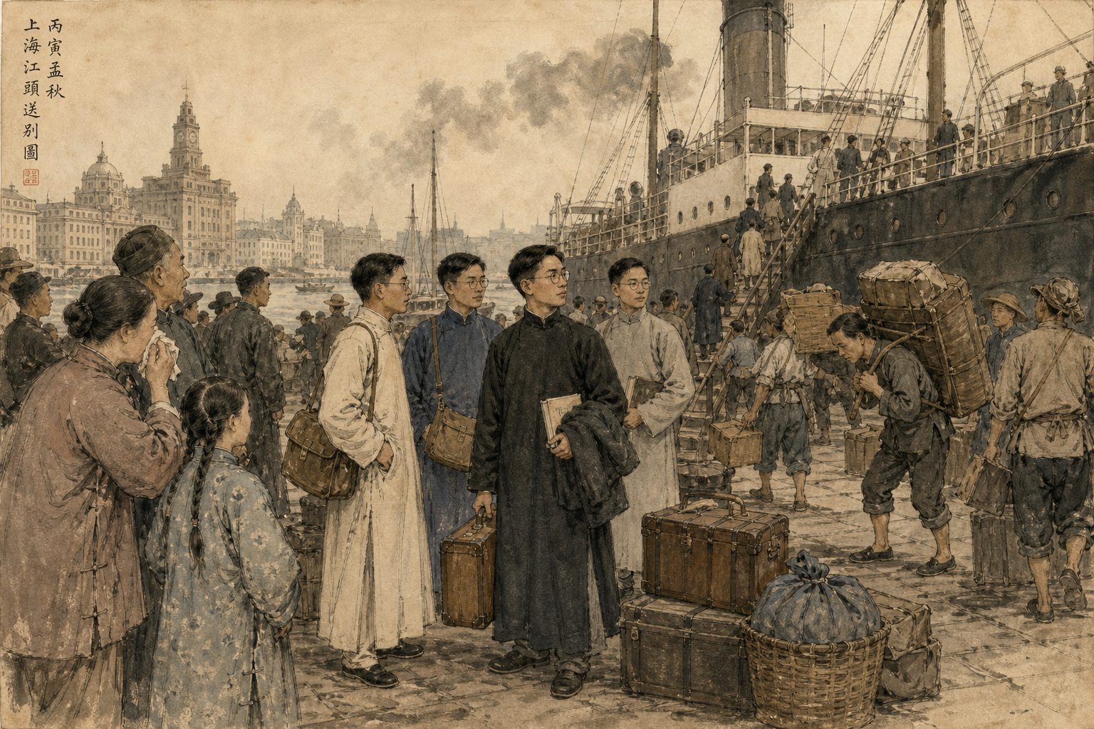 1926年上海码头，留美学生携箱准备登船