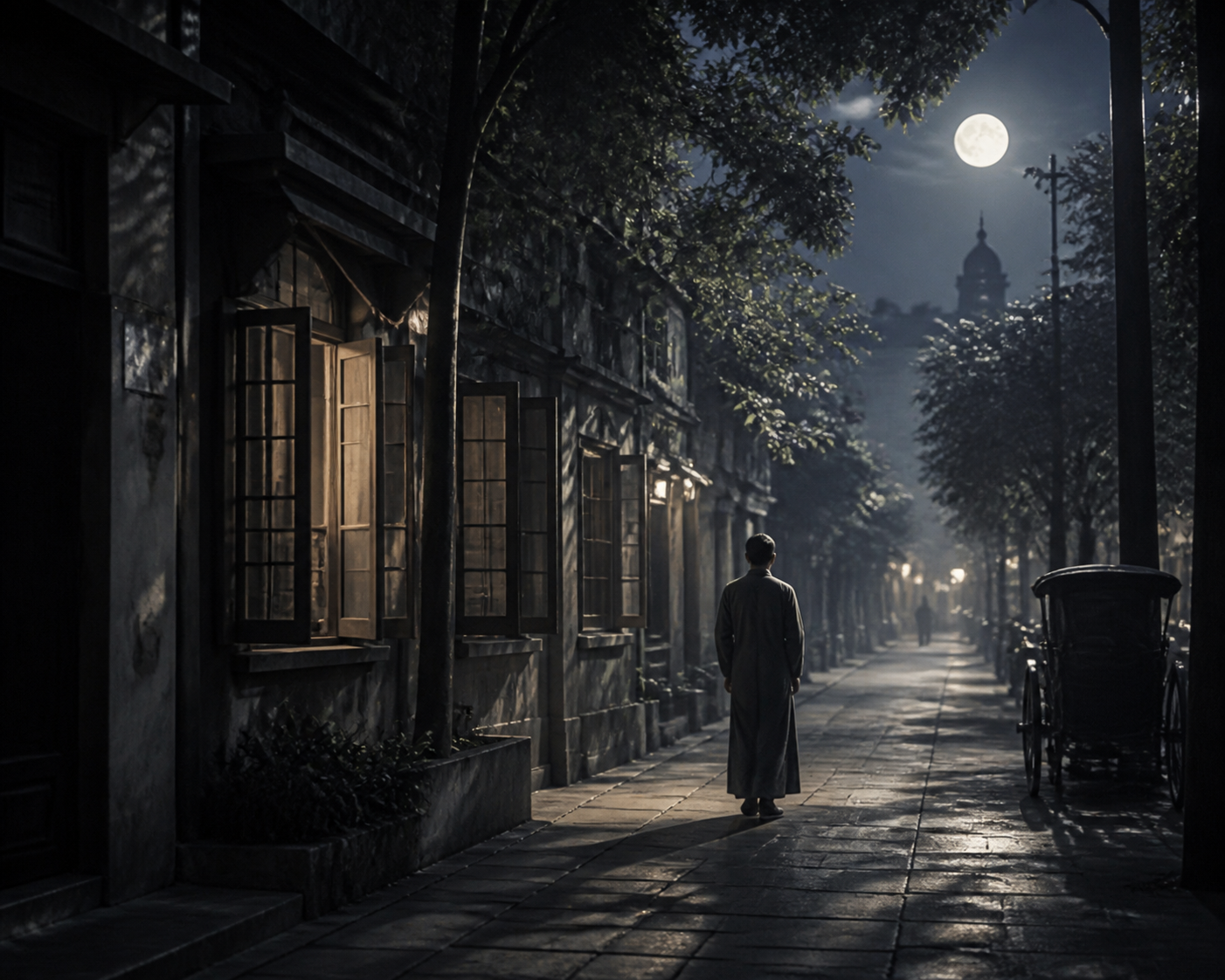 1926年上海暑夜，行人沿树影与月光缓步而行
