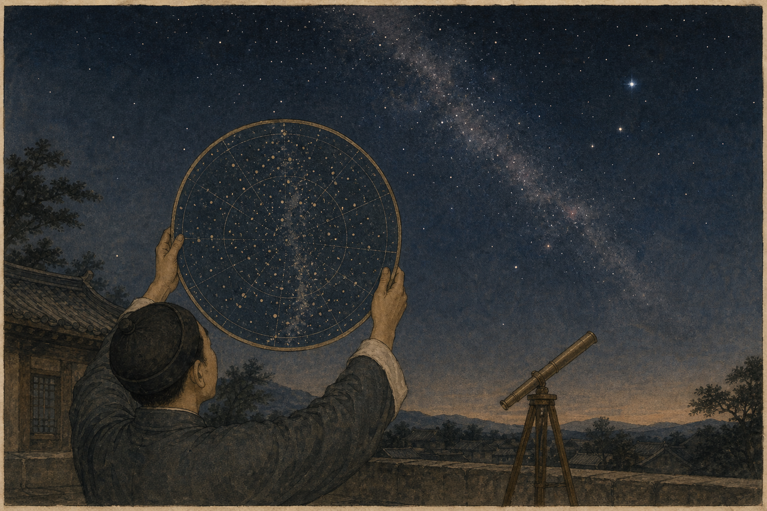 读者举起圆形星图对照夜空