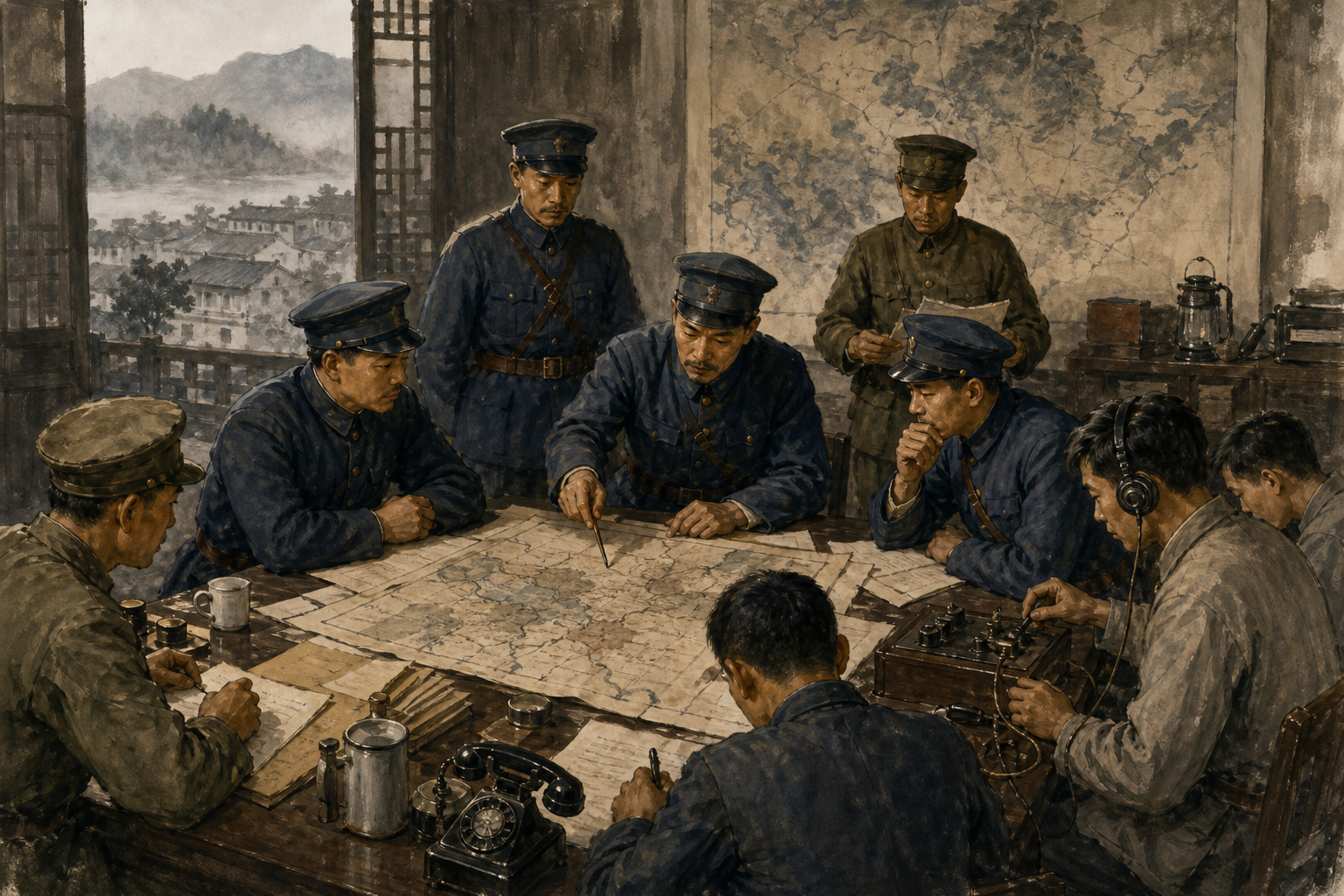 军事会议正在地图前商议