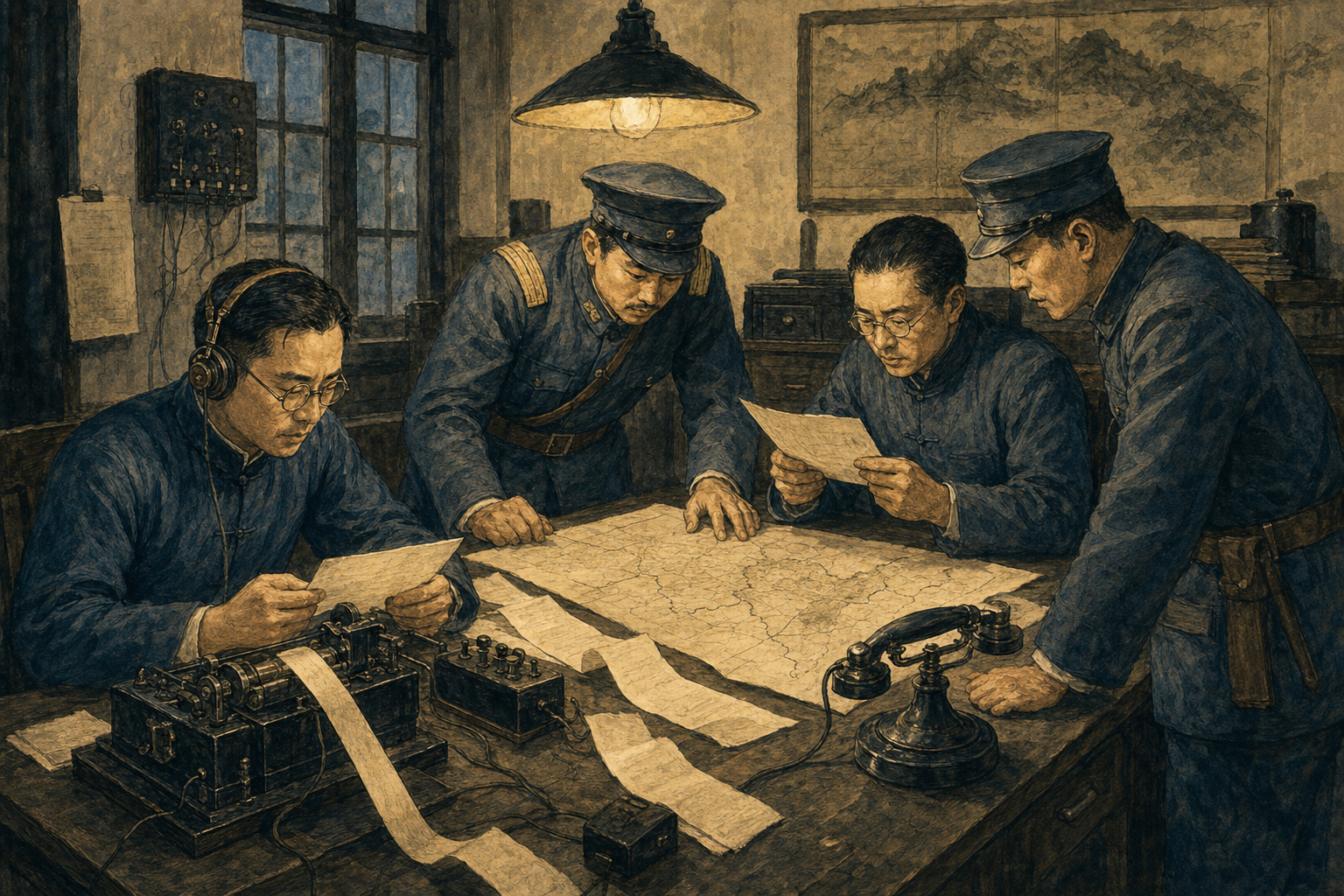 军情人员在电报房核读军械电报