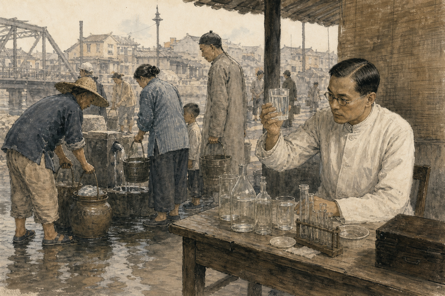 居民取水,卫生人员在一旁查看水样