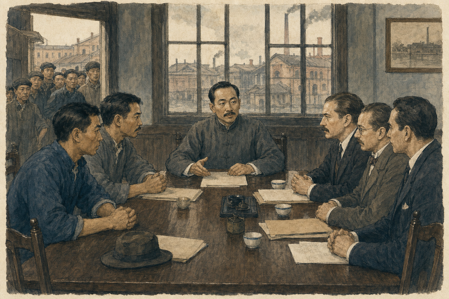 劳资代表与调解人在工厂会议室会谈