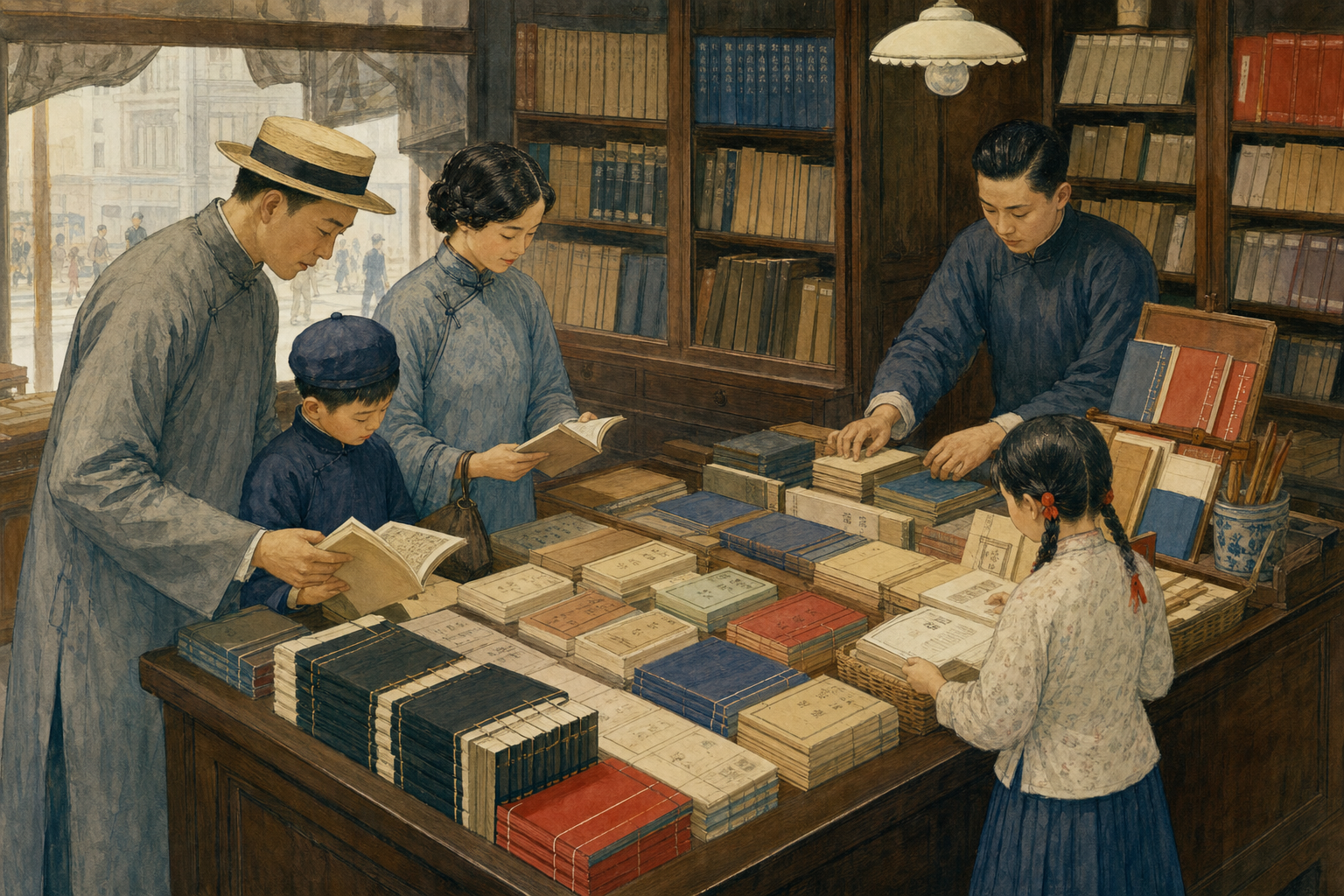 书局内家长与儿童翻看小学课本