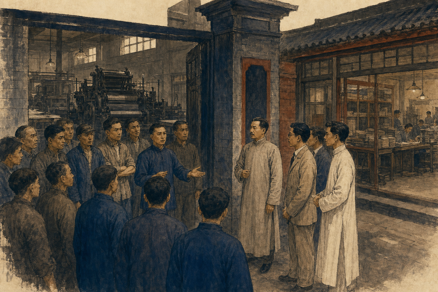 印刷所门前工人与调解代表会谈