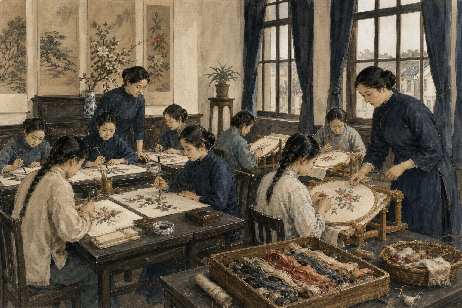 女子美术学校内学习国画与刺绣