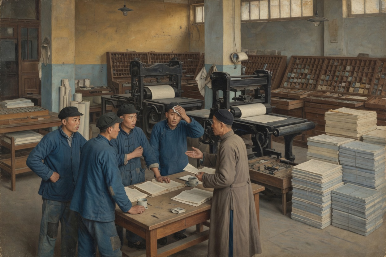 印刷所工人围桌商量复工