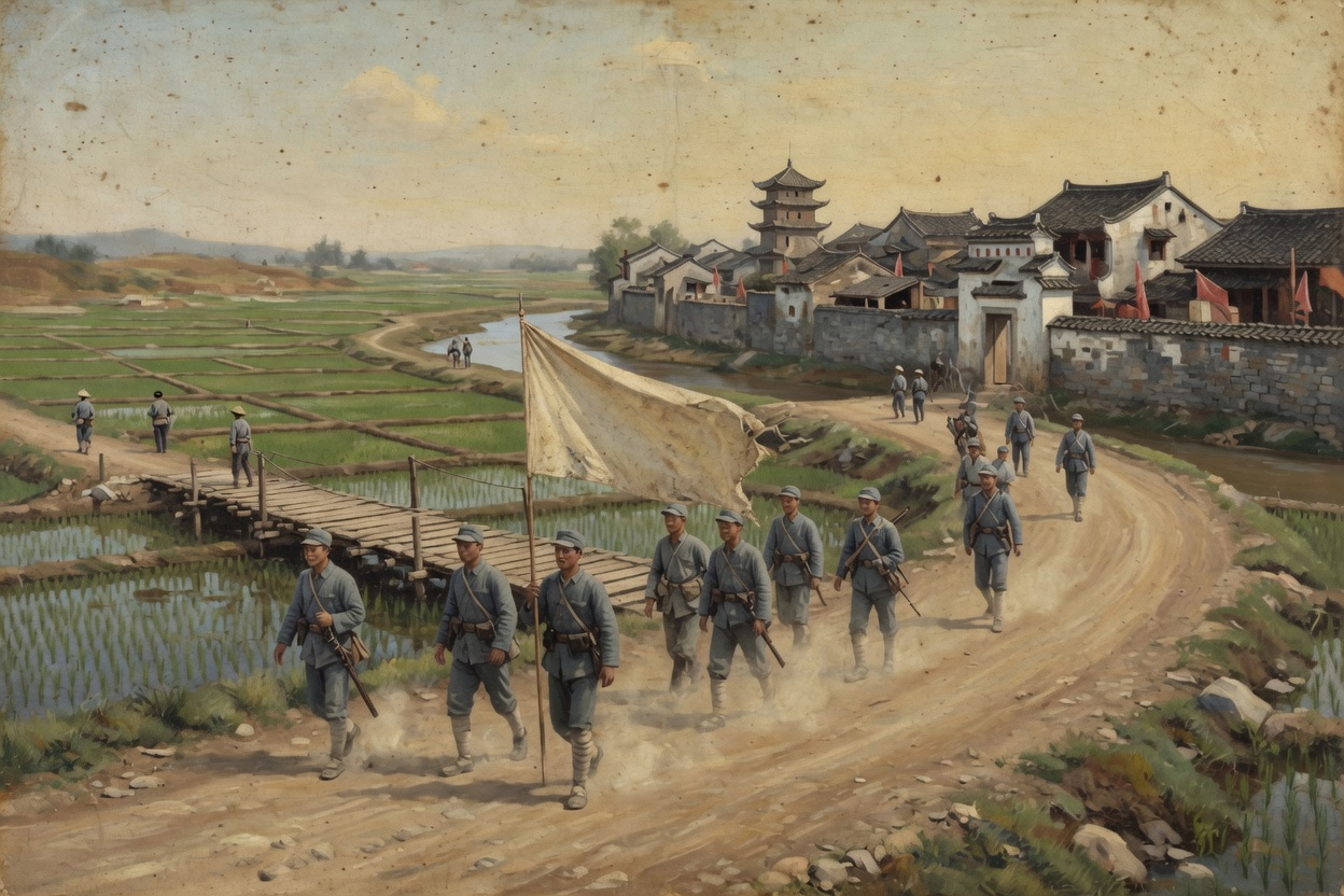 士兵沿河岸土路向城关推进