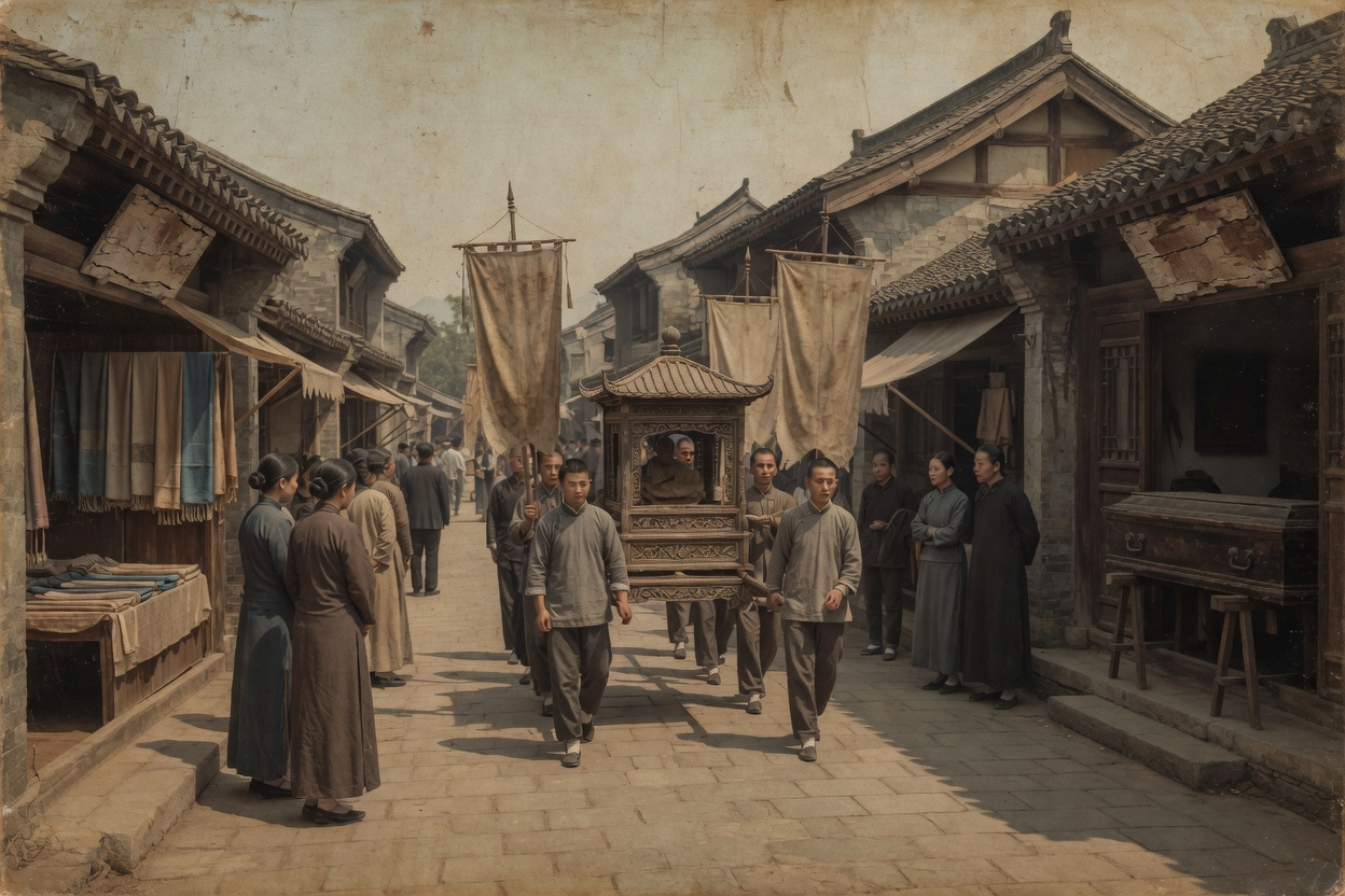 热天街巷里抬着神轿出会,一侧停着棺木