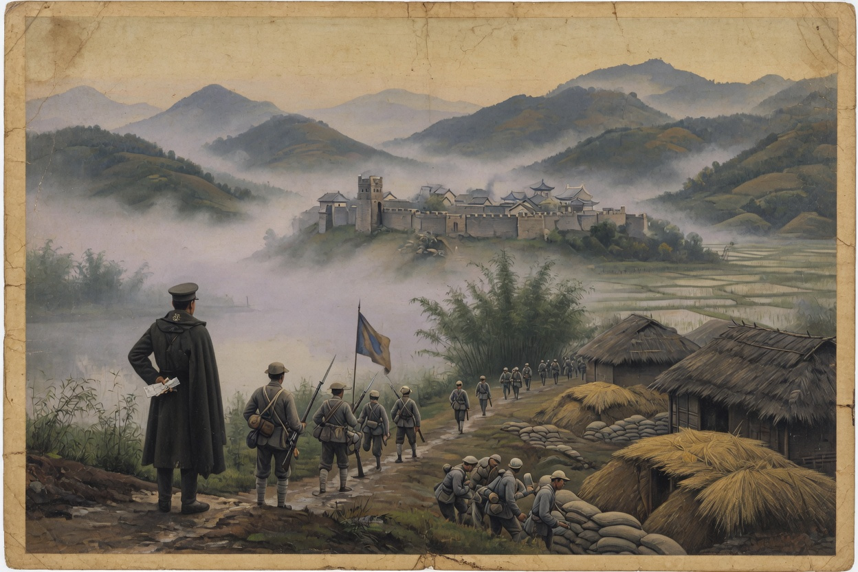 军官背对山城，士兵沿雾中土路推进