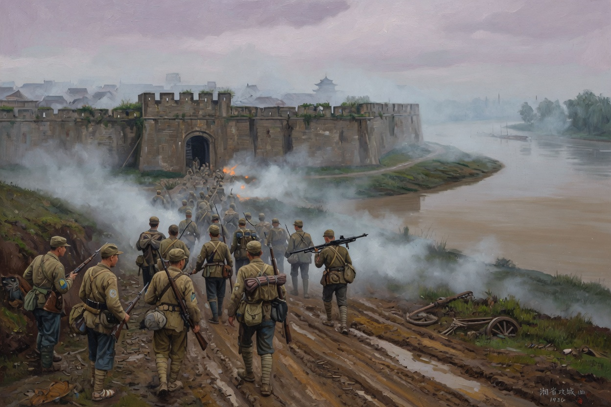 士兵背对城墙沿泥路推进