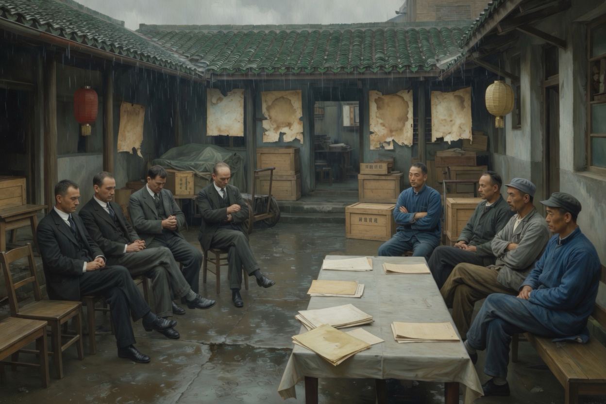 雨中院子里劳资双方隔桌对坐