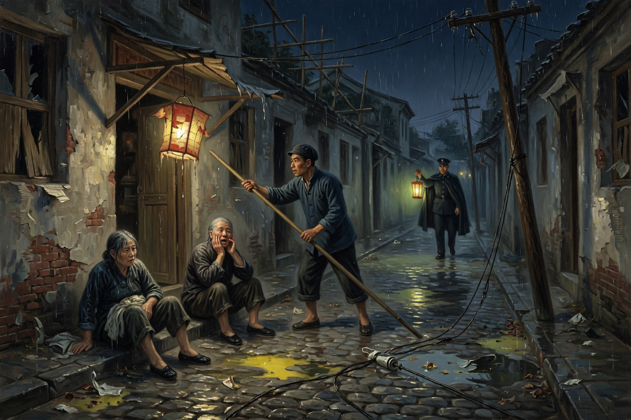 夜雨后电线落在湿石路上,有人持木棍去拨