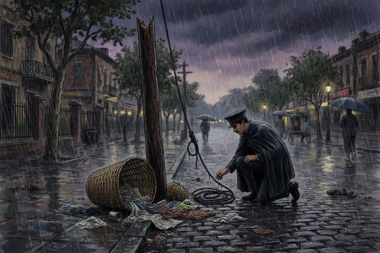雨后电线垂到石路上，竹筐翻倒在一旁