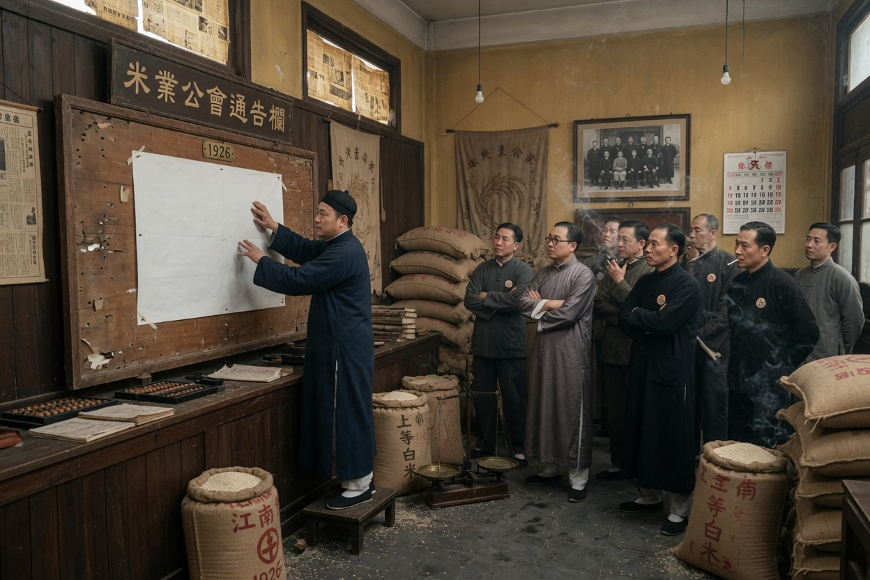 米业公所里有人往木牌上贴空白告示
