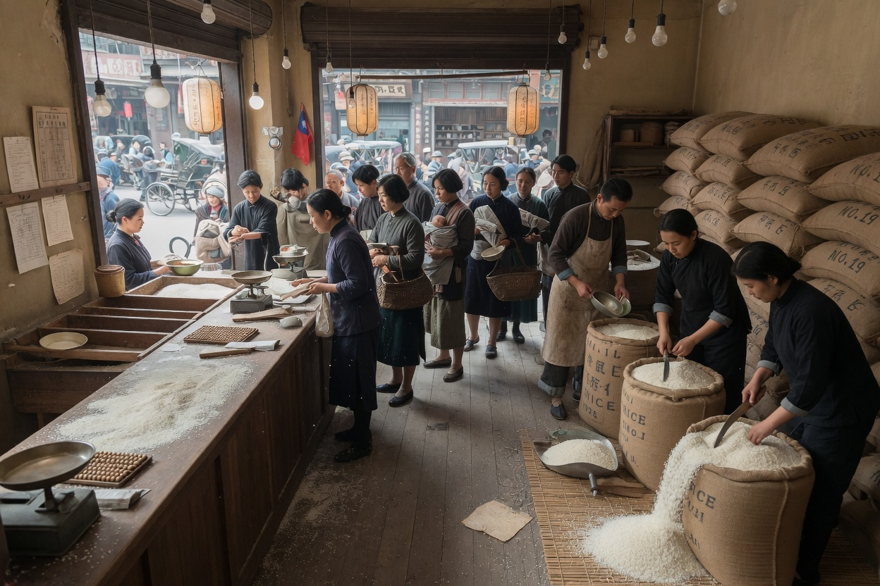 米店里开着米包，门外排着队