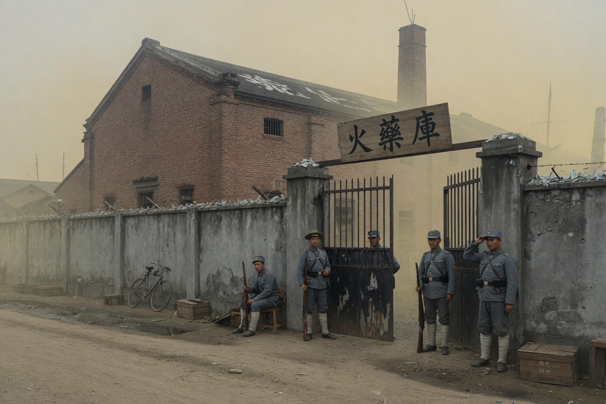 砖库铁门外有一队步兵站岗