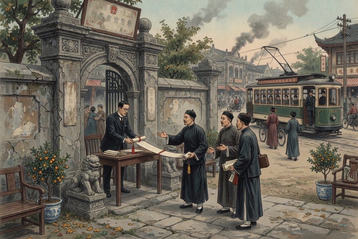 商董在衙署门口递上一卷呈文