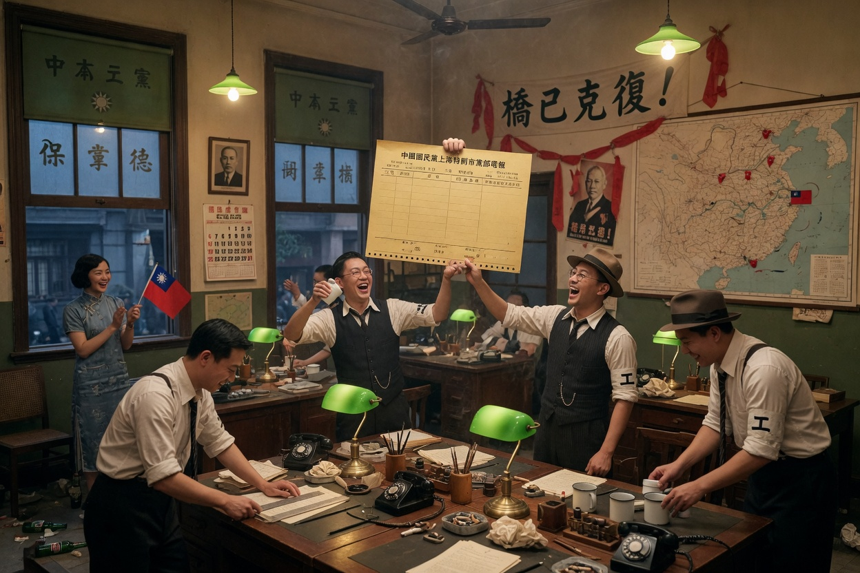 党部灯下有人举起空白贺电