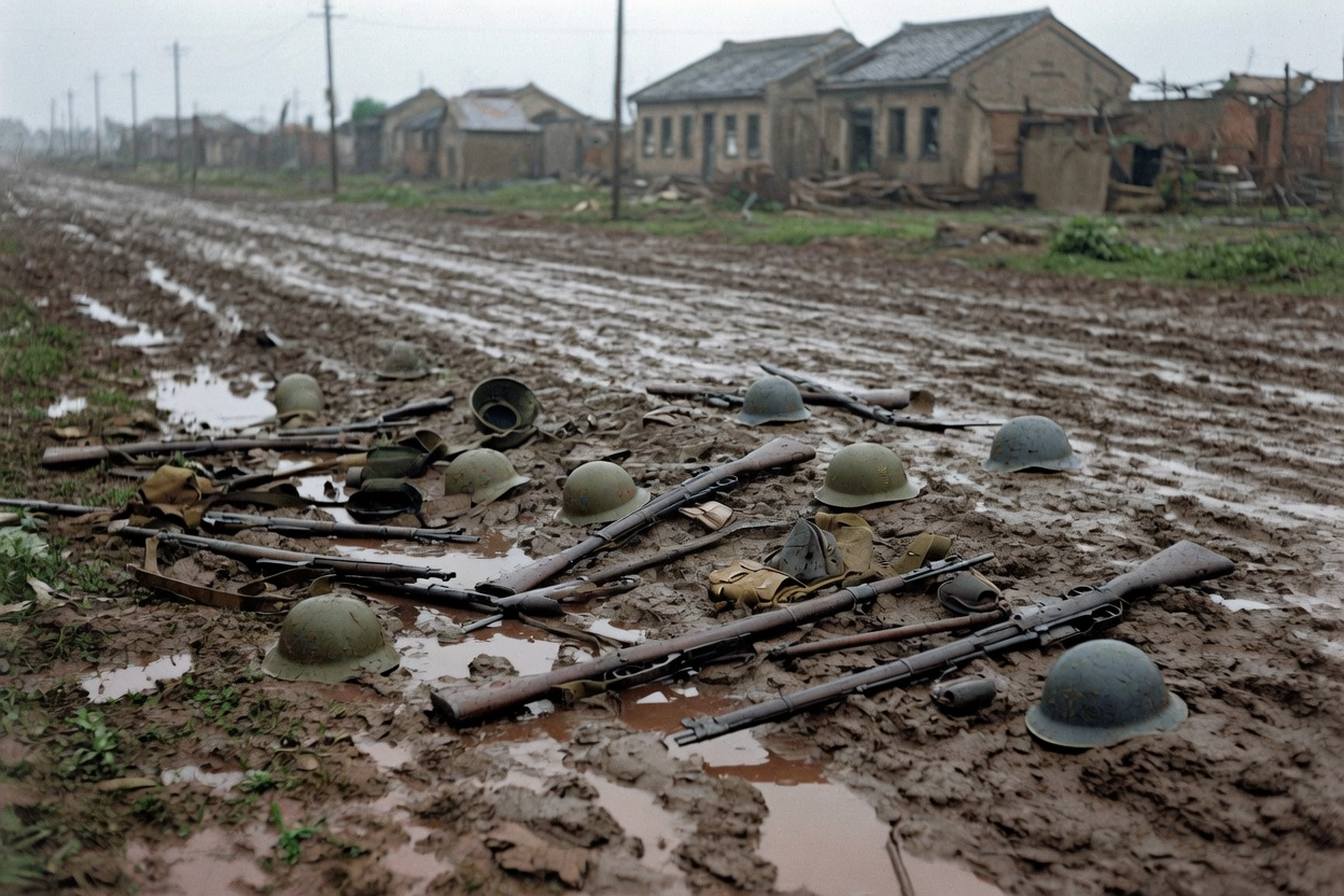 雨后泥路上丢着北军的盔和枪