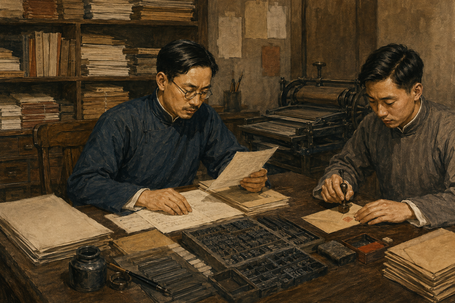编辑与助手在出版室整理稿件