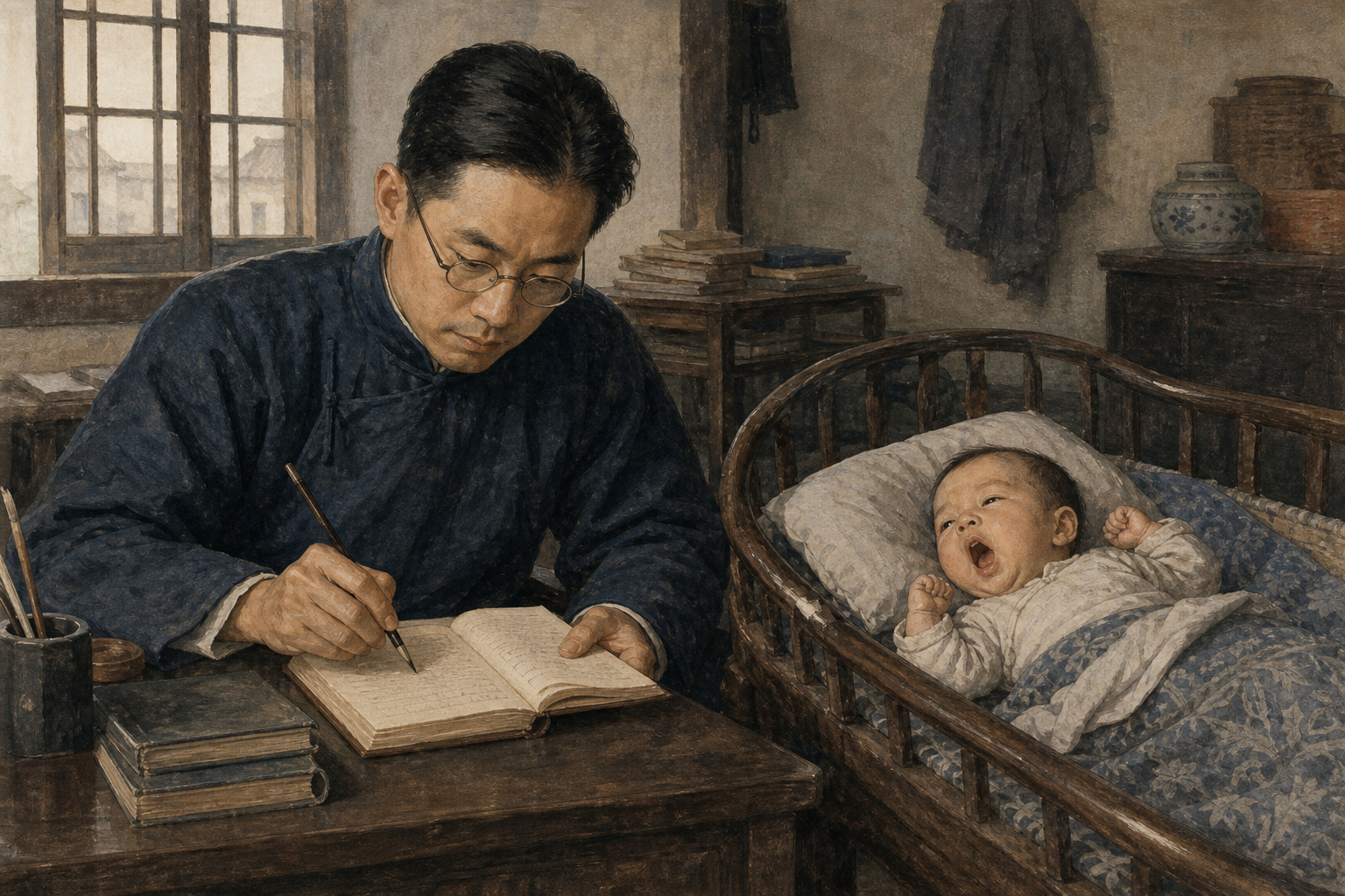 父亲在婴儿床旁记录孩子的动作