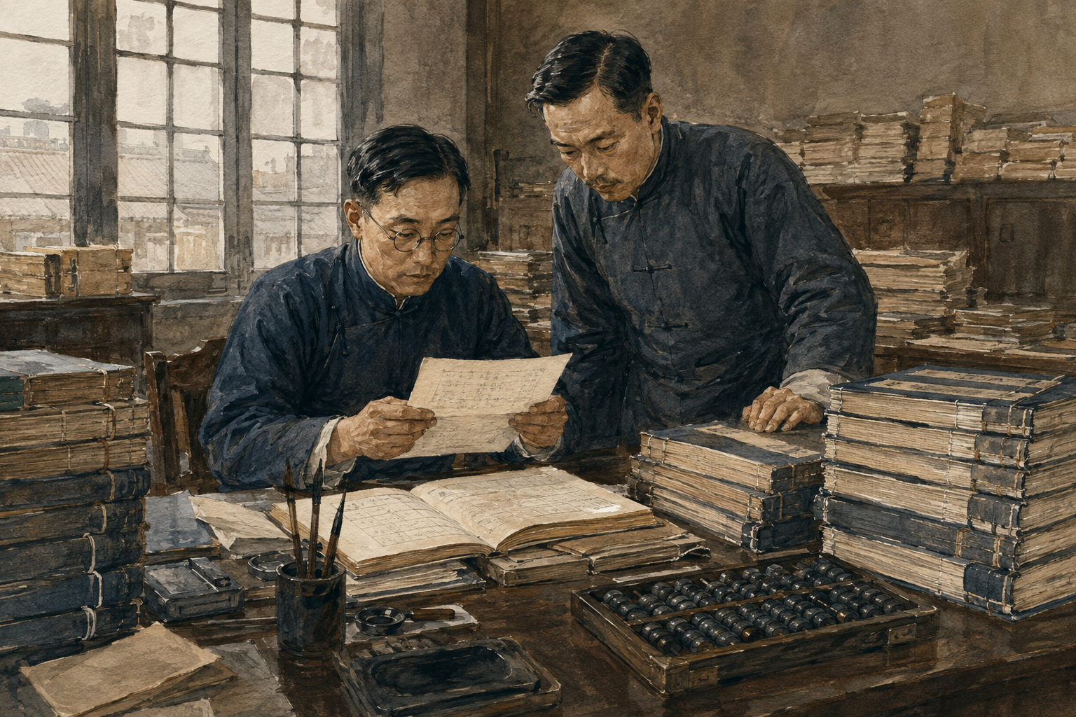 财政人员在账册与电报之间核对数字