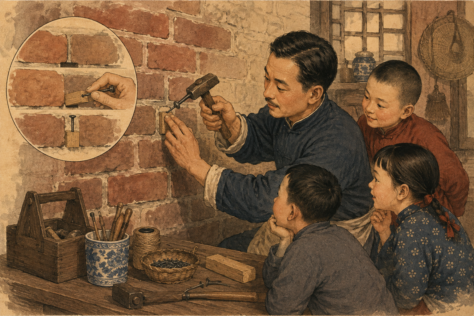 匠人把木料嵌进砖缝后敲入钉子