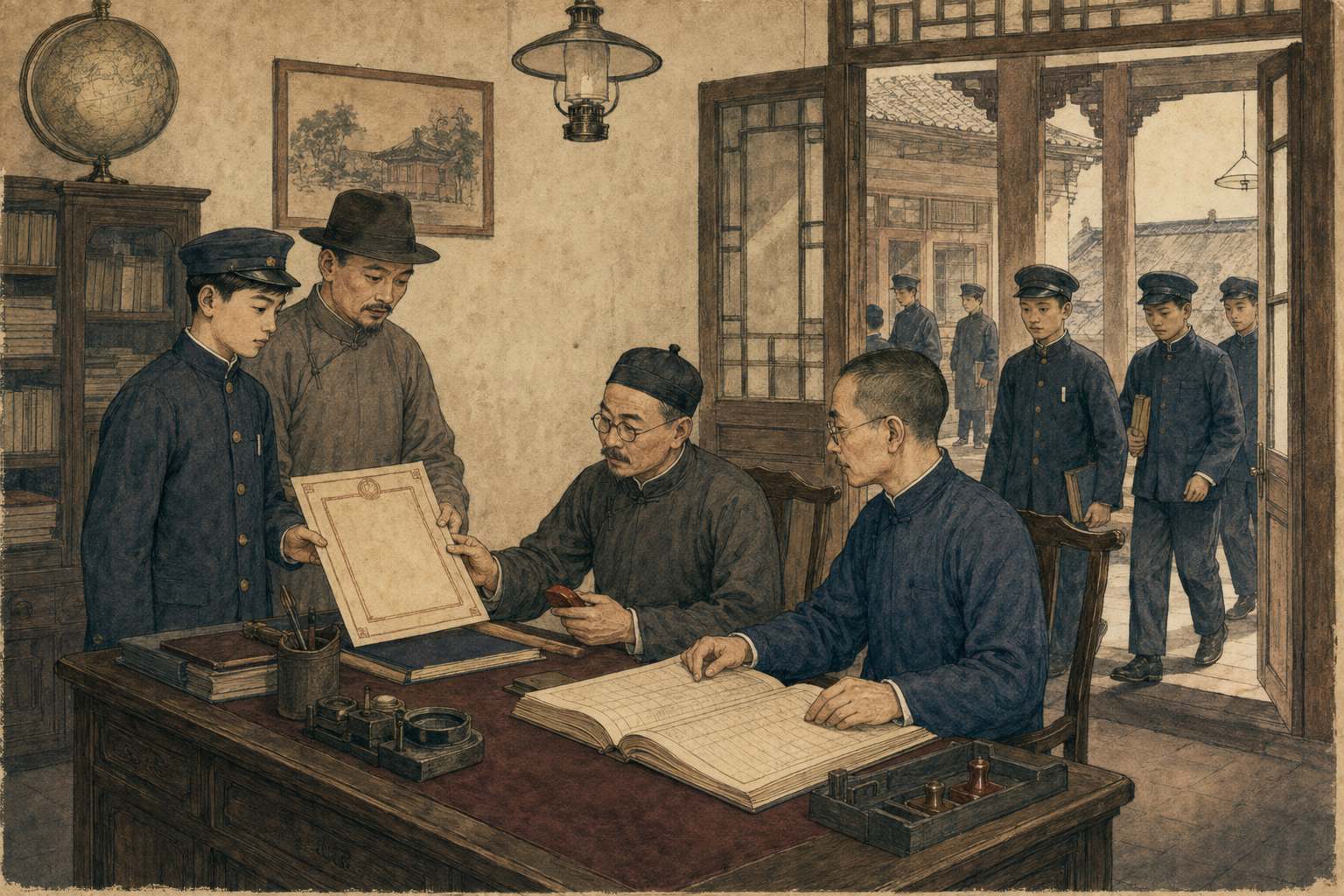 学校职员核对转学证书与名册