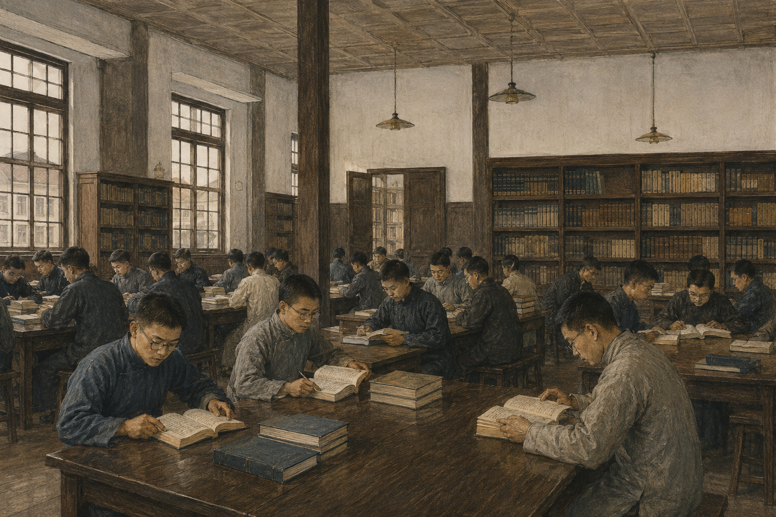 省立第二师范学校学生在一大间图书馆内阅读