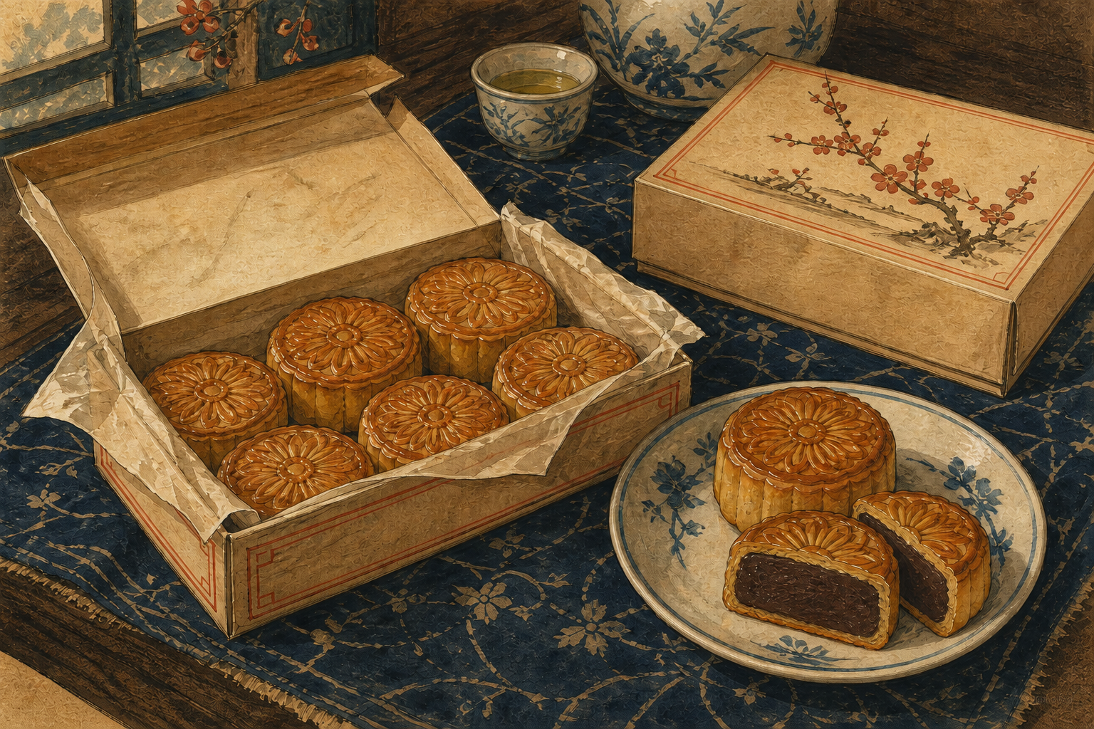 纸盒与瓷盘上陈列豆馅月饼