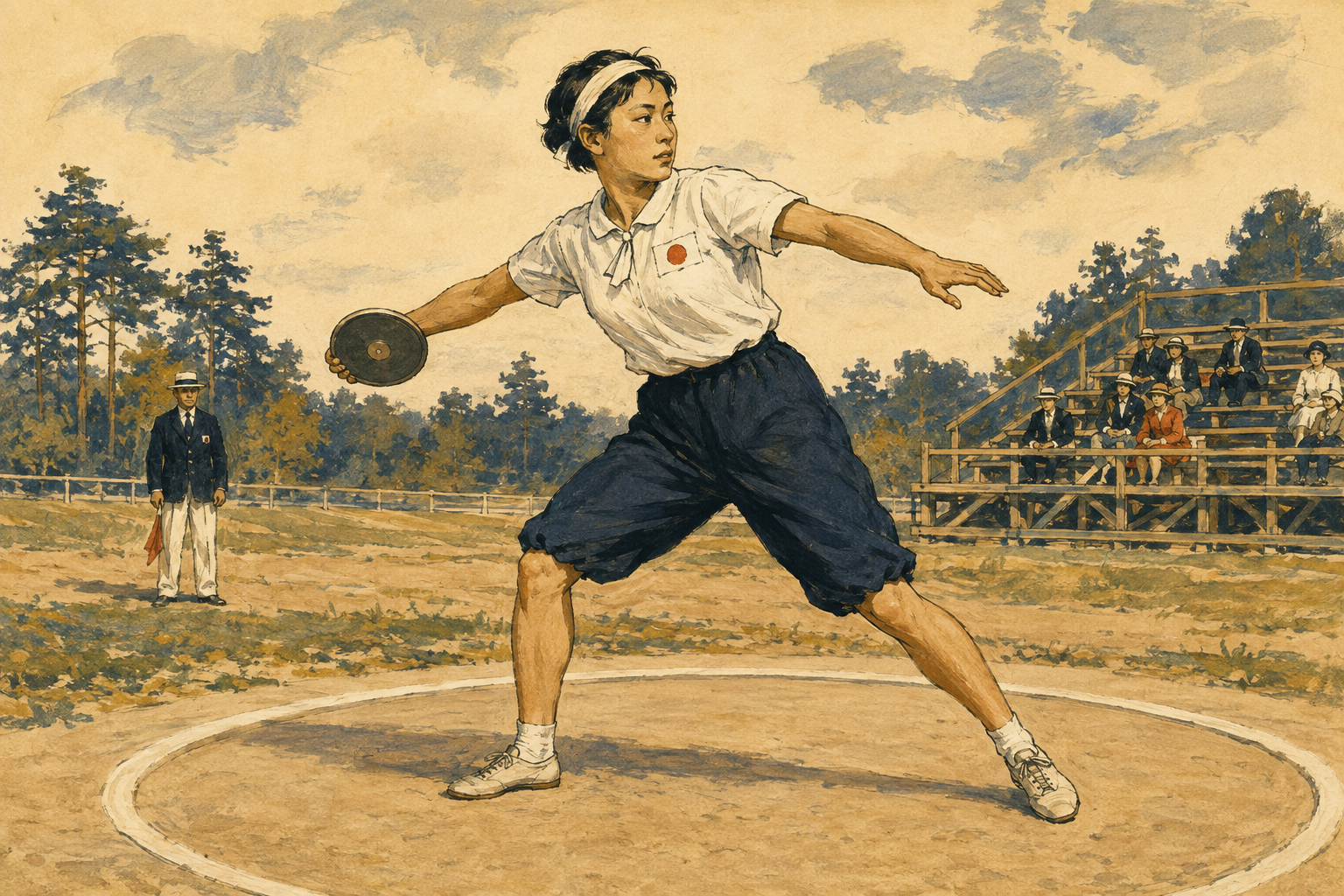 女子运动员在运动场上准备投掷铁饼