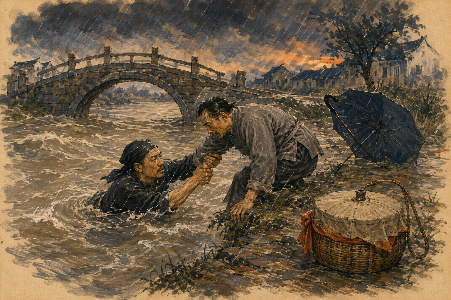 暮雨中,卖糕小贩在河里扶救一名落水行人。