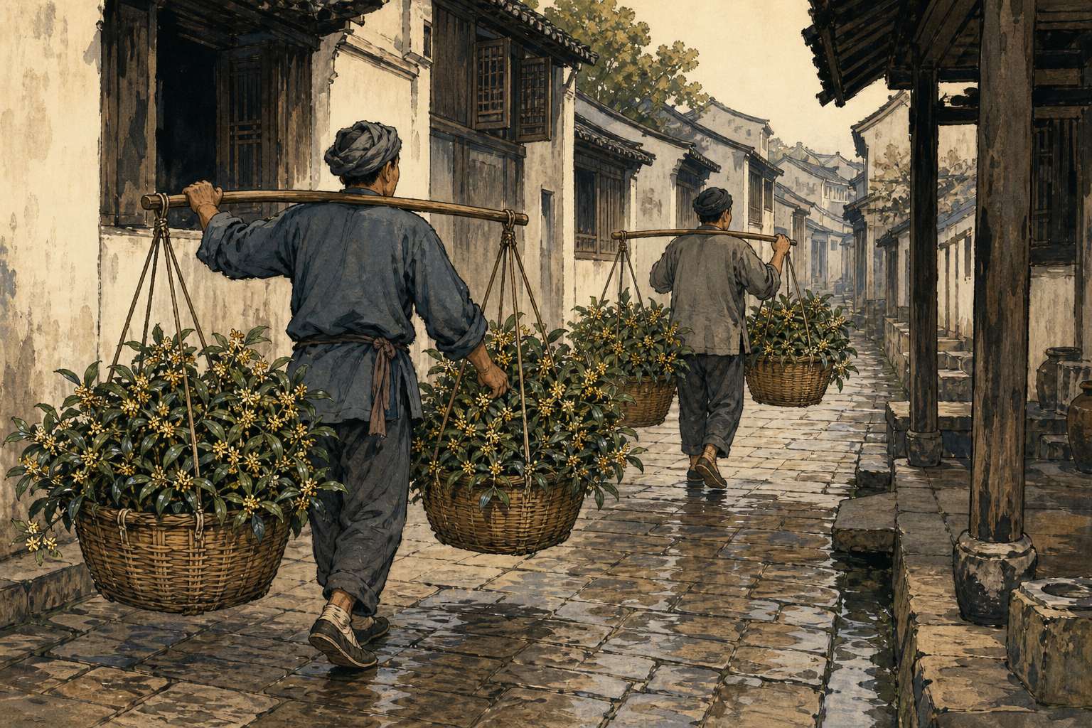 清晨的杭州街巷,两名挑花人担着带叶桂花入城。