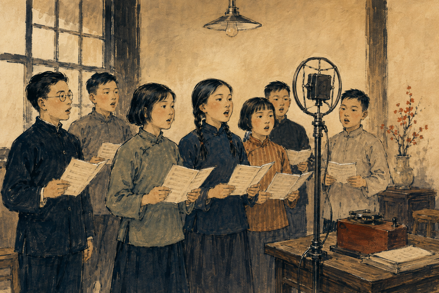 一组学生面对旧式播音话筒排练歌唱。