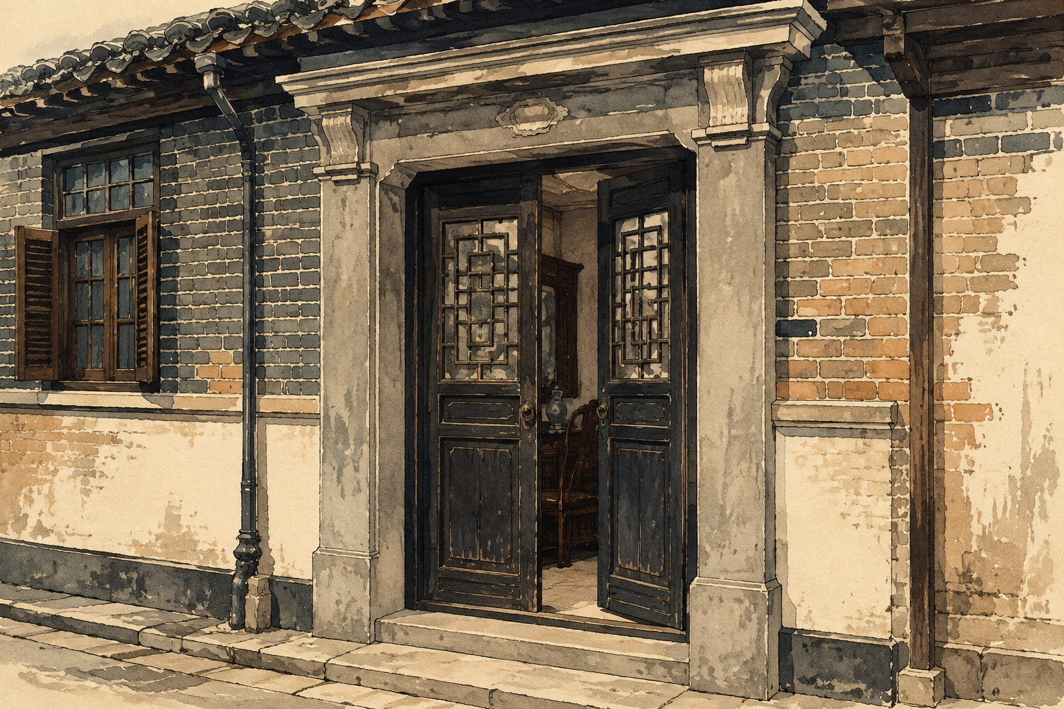 一处石库门住宅的门口,门内可见木制家具。