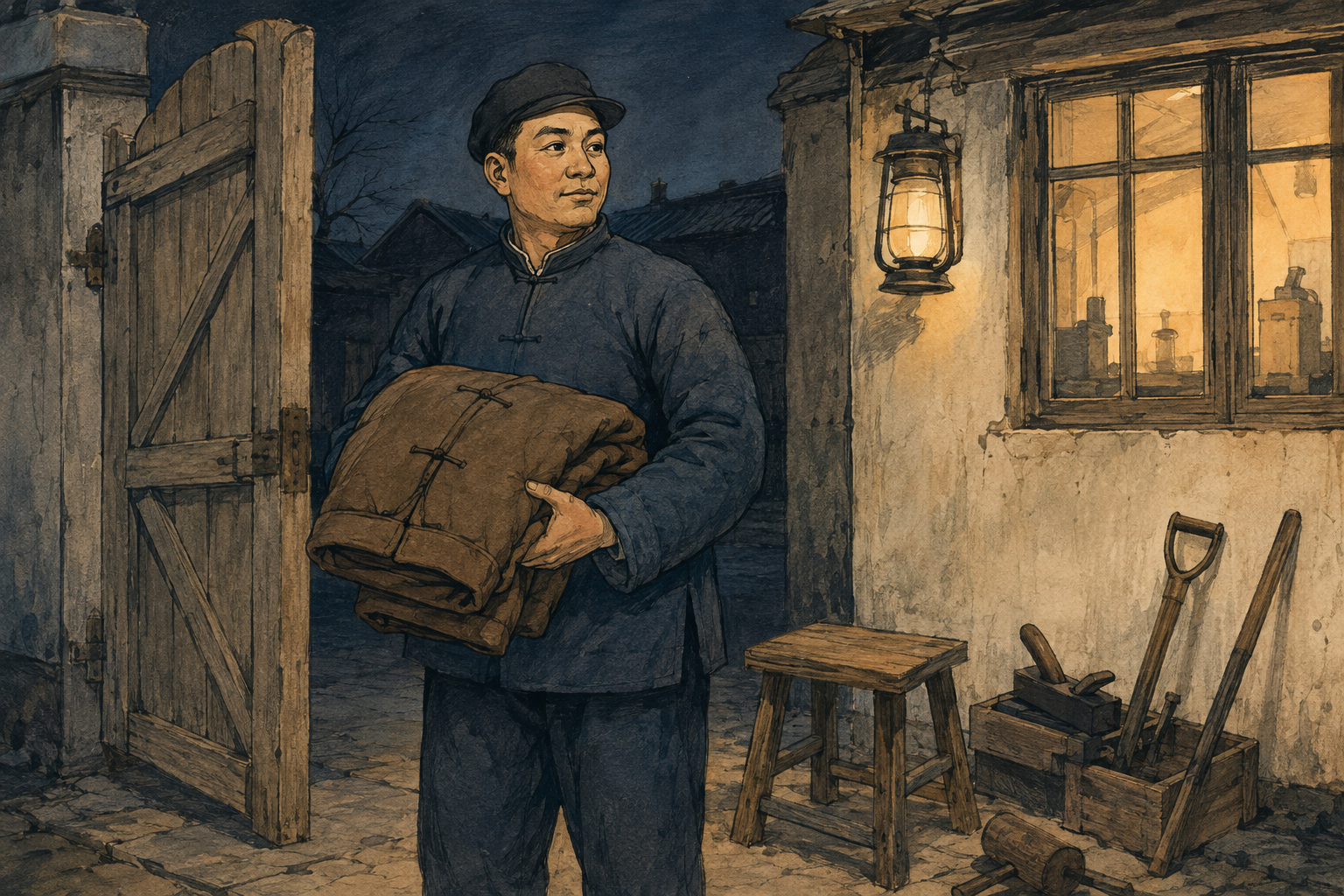 工厂门口的工人手托折叠的冬衣。