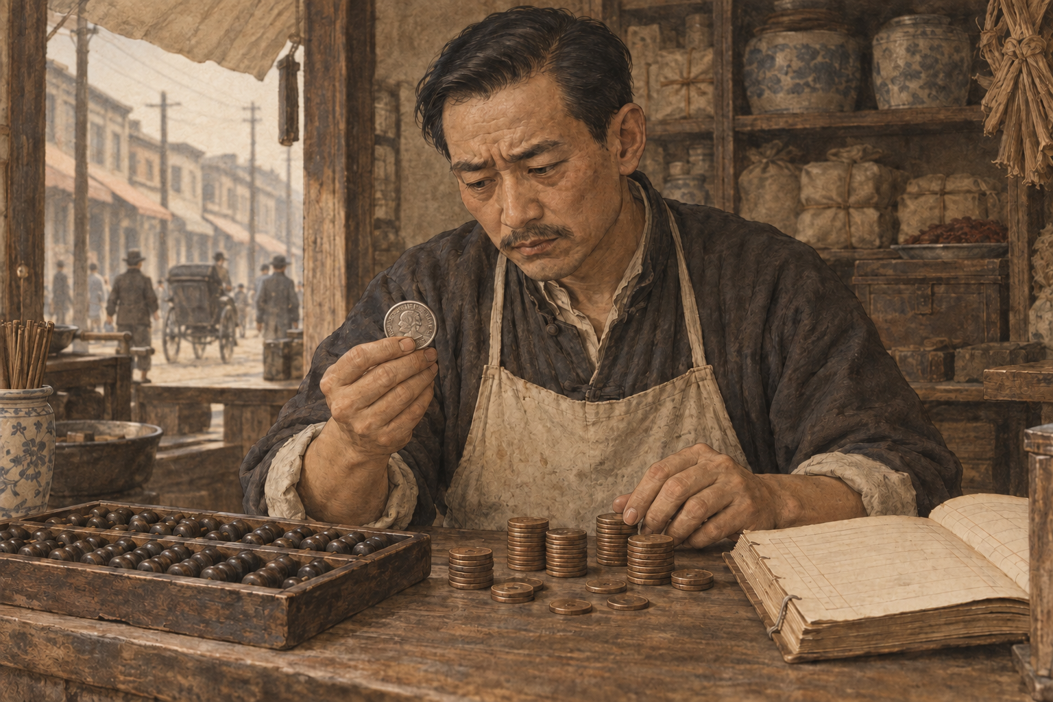 小商贩在柜台核算铜元与银元