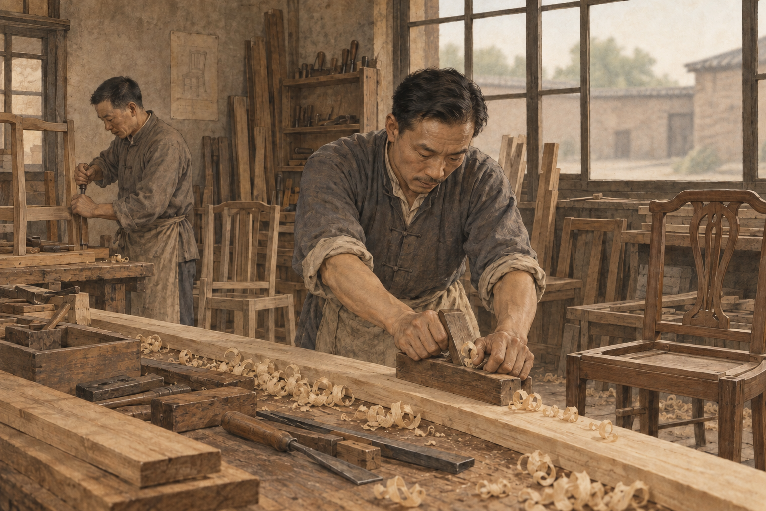 木器作坊中的工人制作家具