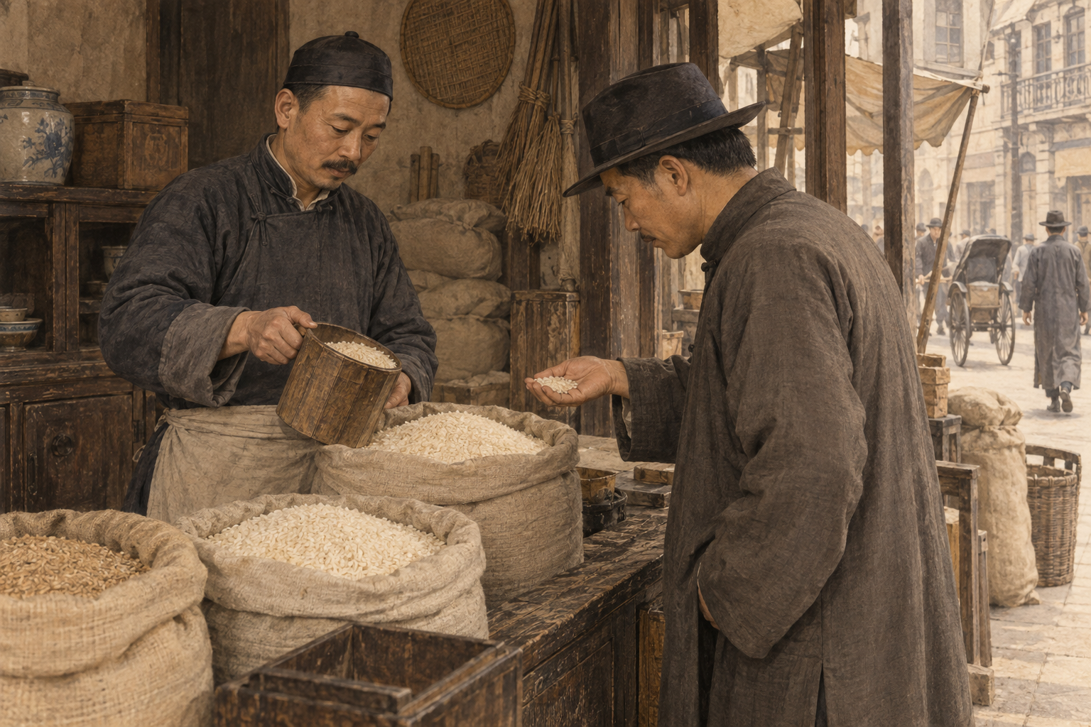 米铺内的米袋与量米器具