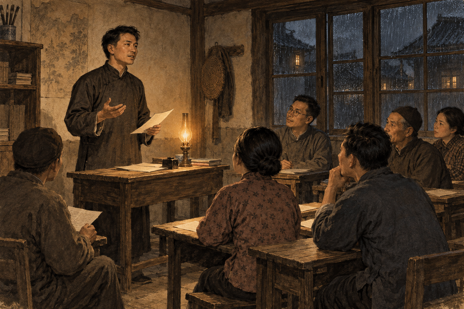夜校学生聚在教室练习讲演