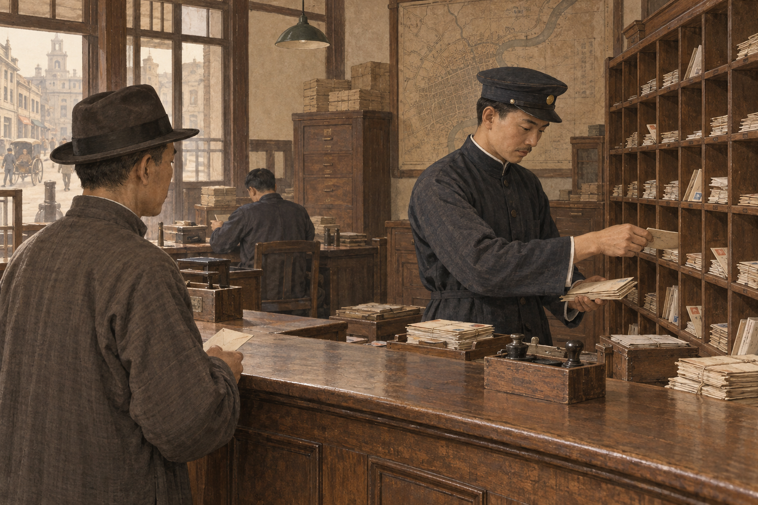 邮局工作人员在柜台后分拣信件