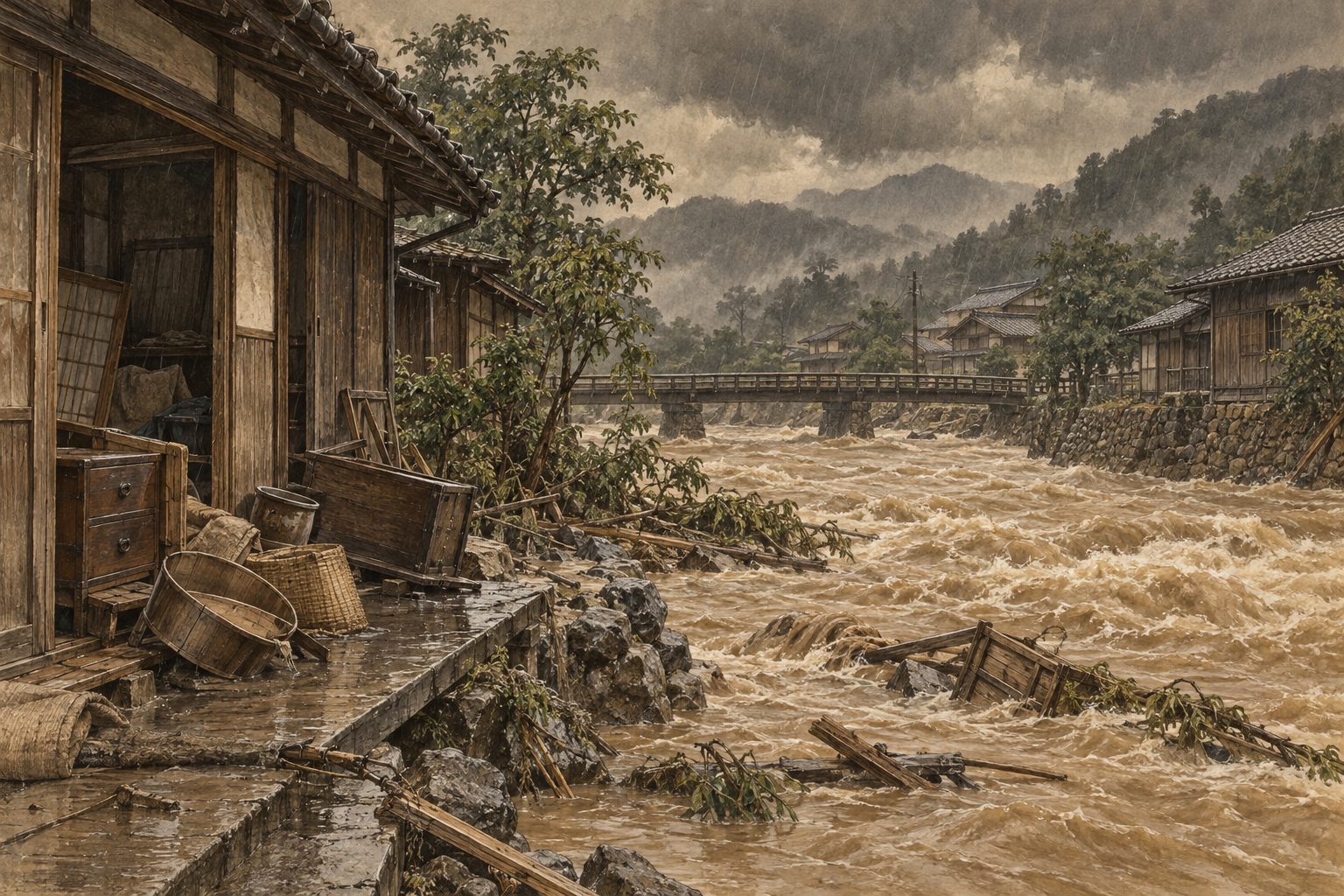 洪水淹过木屋旁的道路