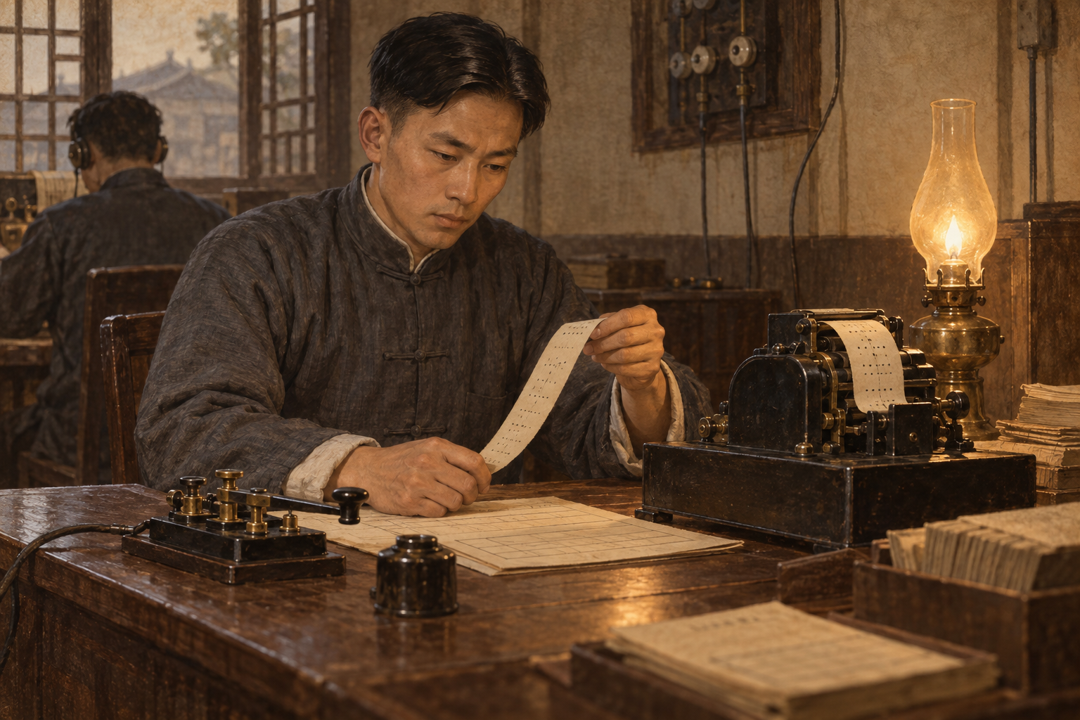 工作人员在灯下接收电报