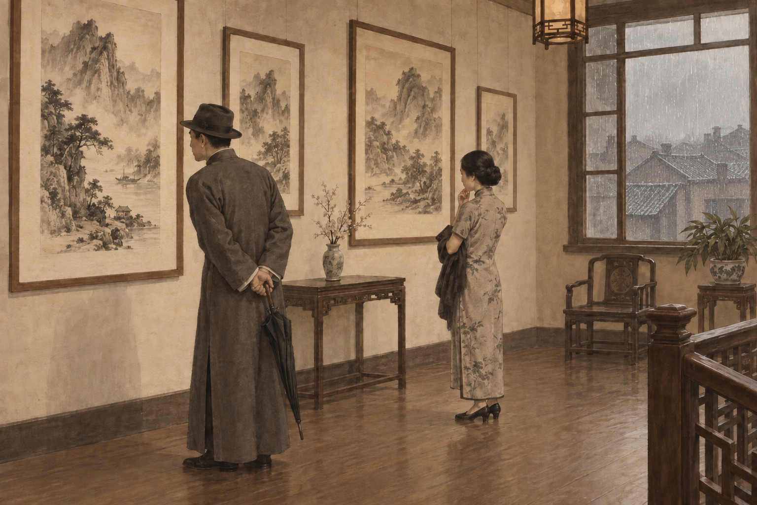 雨日画展室内,观众观看山水画