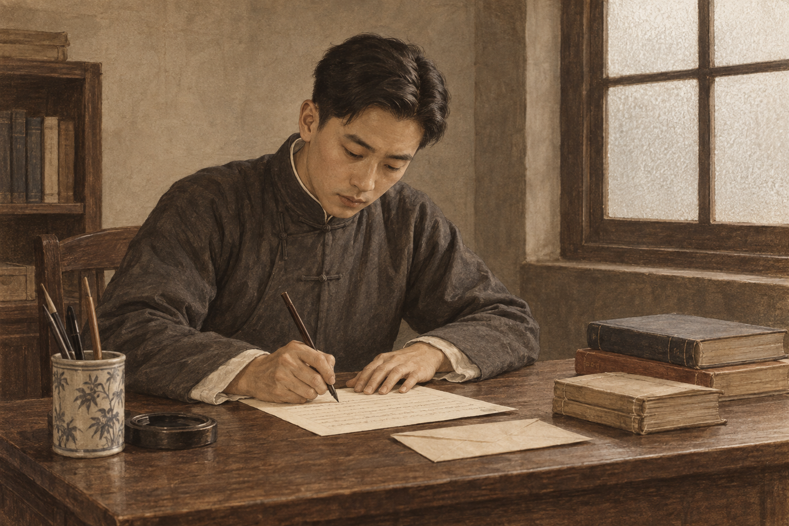 毕业生在书桌前写信
