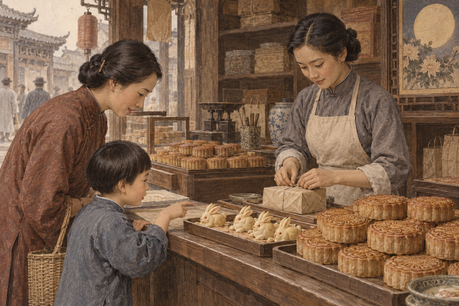糕饼店柜台上的月饼与兔子形糕点